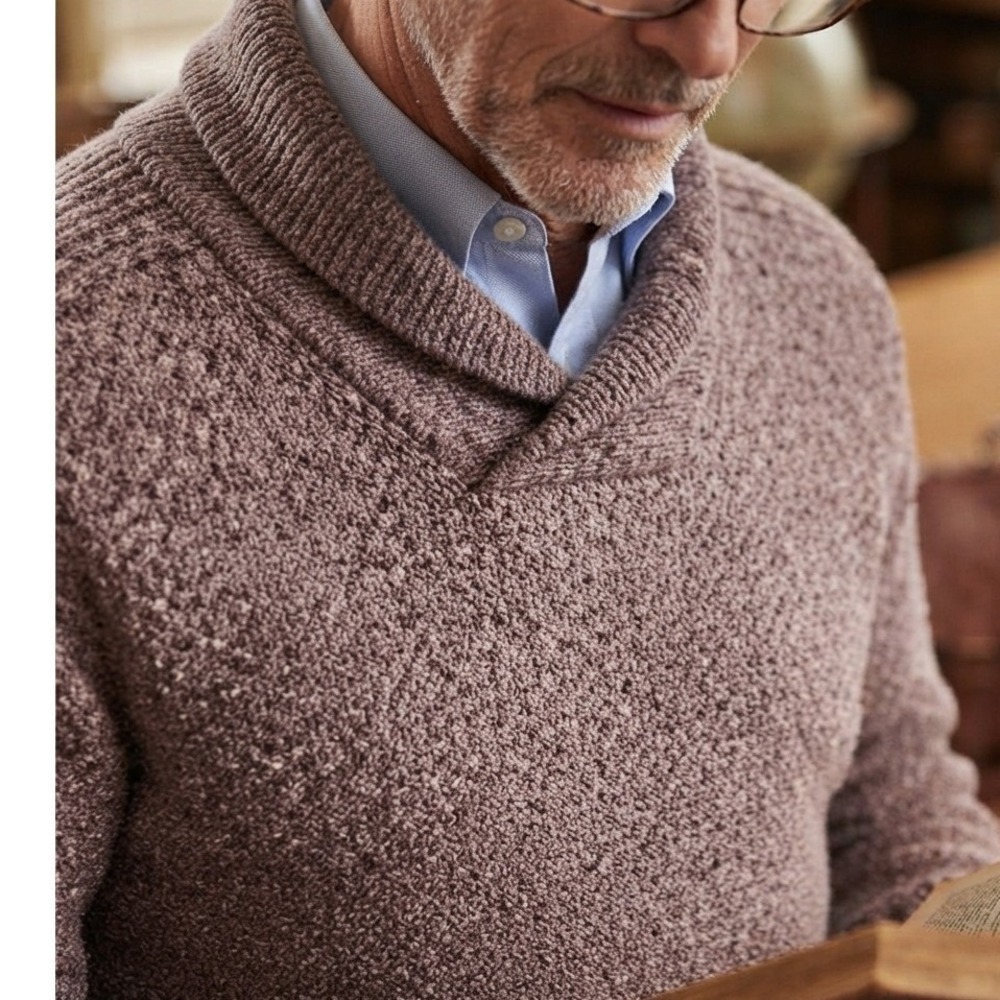Royal Robbins Mens Fisherman Brown Merino Wool Shawl Collar Grandpa Sweater L